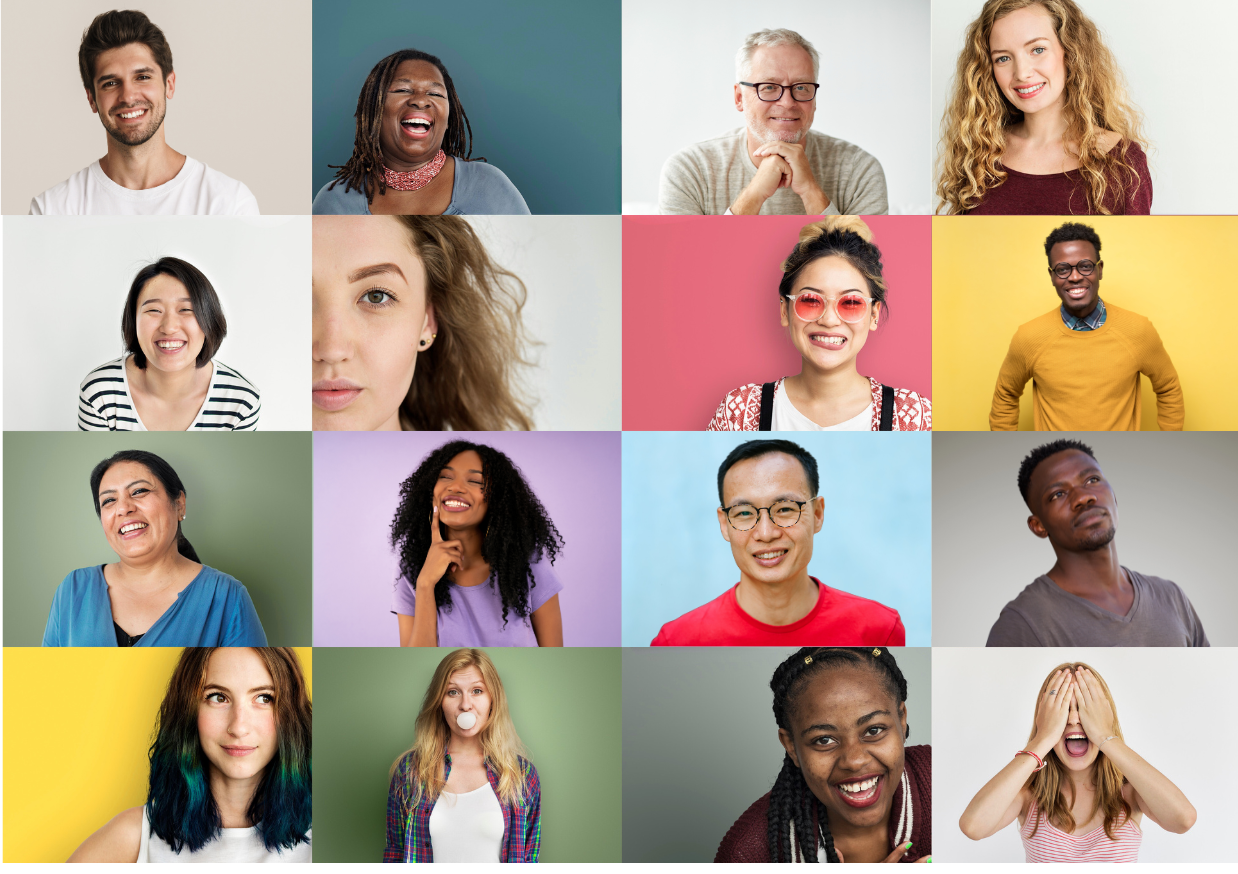 A collage of a diverse group of people on various colorrful backgrounds